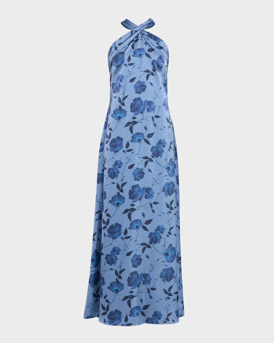 Laurant Floral-Print Satin Crepe Halter Gown